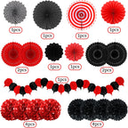 Red and Black Party Decorations, Papar Fans Pompoms Fans Garlands for Birthday Wedding Graduation Game Night Boy Girl Party Decorations