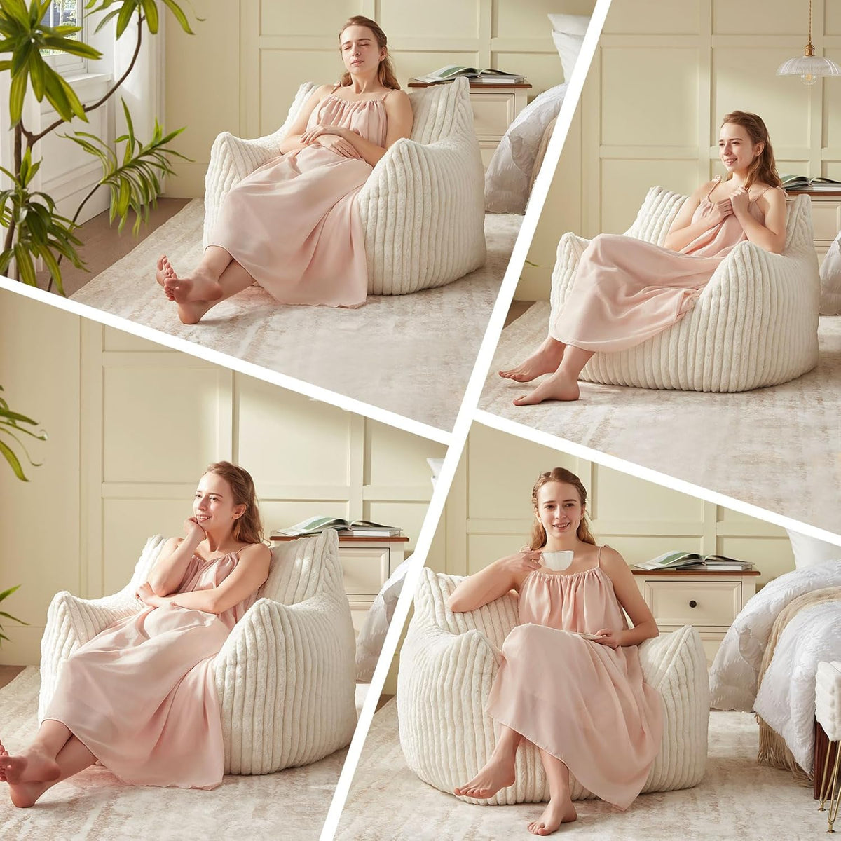 Giant Bean Bag Chairs for Adults Teens, Large Bean Bag Sofa Chairs with Filling Comfy Fuzzy BeanBag Chair with Armrests for Bedroom Living Room Reading