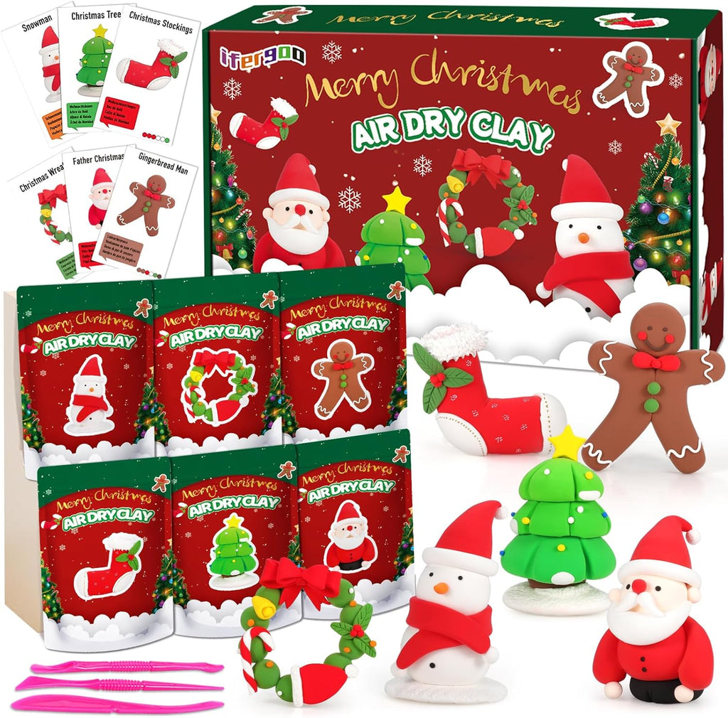 ifergoo Air Dry Clay for Kids - Christmas Modeling Clay Kit, 6 Christmas Molding Designs, Creative Sculpting Activity Kit with Tools & Tutorials, DIY Art Craft Gifts for Girls and Boys