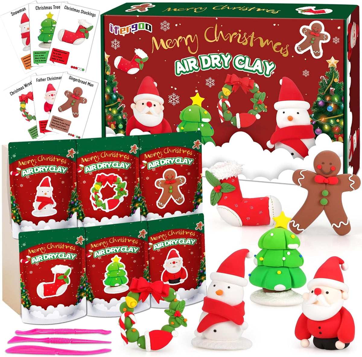 ifergoo Air Dry Clay for Kids - Christmas Modeling Clay Kit, 6 Christmas Molding Designs, Creative Sculpting Activity Kit with Tools & Tutorials, DIY Art Craft Gifts for Girls and Boys