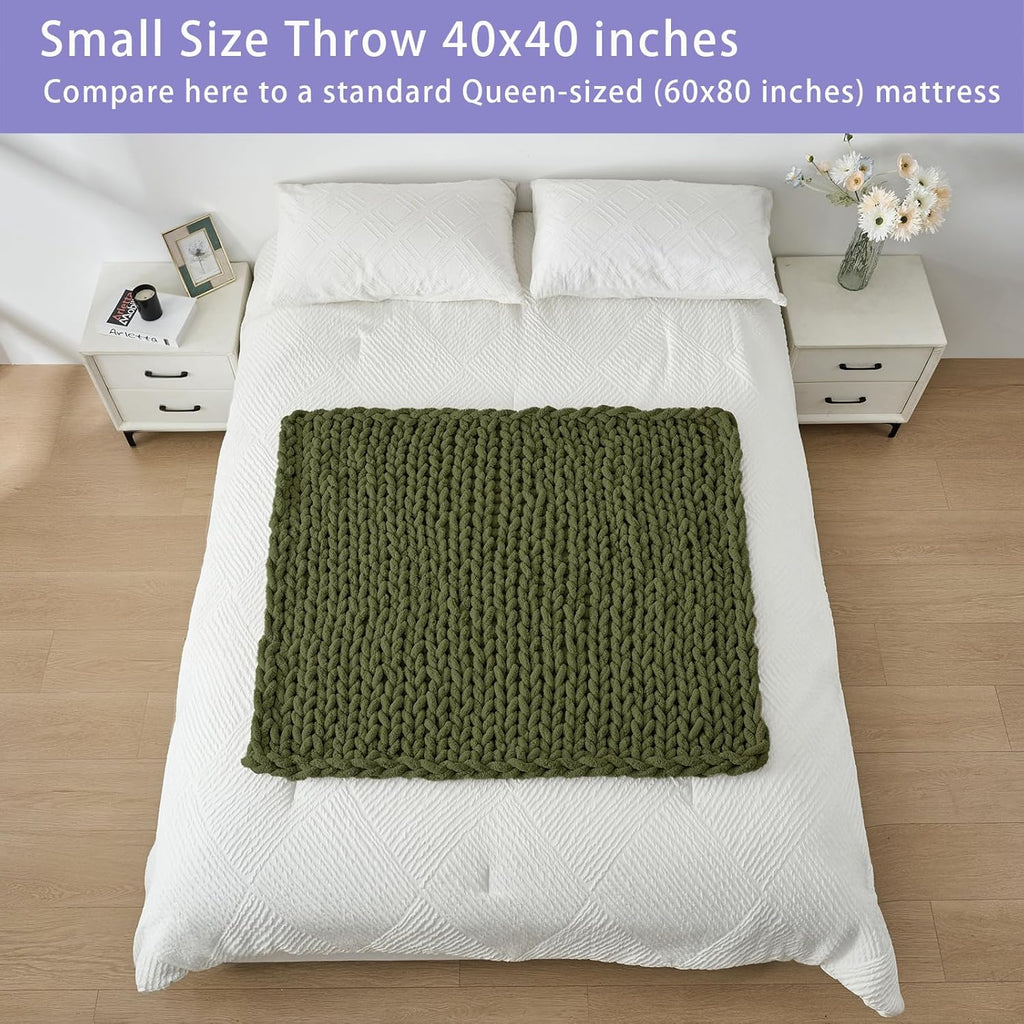 Bigacogo Chunky Knit Throw Blanket for Couch, 40x40 inches, 100% Hand Knitted with Thick Jumbo Chenille Yarn, Cozy Soft Large Rope Knot Cable Crochet Blankets for Sofa Bed Living Room, Yellow Green