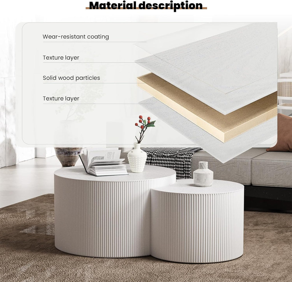 Round Nesting Coffee Table Set of 2 Handcraft Circle Fluted Nesting Coffee Tables Circular Side Table Drum Accent End Tables for Living Room Bedroom (White B Small)