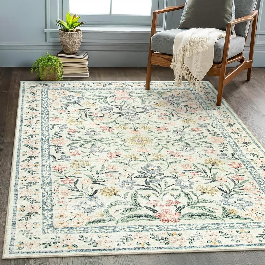 Wonnitar Washable Area Rugs 5x7, Soft Floral Bedroom Area Rug, Washable Carpet 5x7 Non Slip, Boho Flower Print Beige Carpets for Living Room Bedside Dining Room