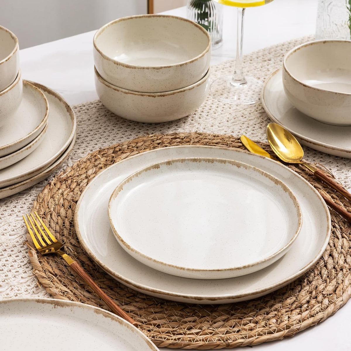 AmorArc Ceramic Dinnerware Sets, Wavy Rim Stoneware Plates and Bowls Sets, Highly Scratch Resistant | Dishwasher & Microwave Dishes set, Service for 6 (18pc)-Speckled Cappuccino