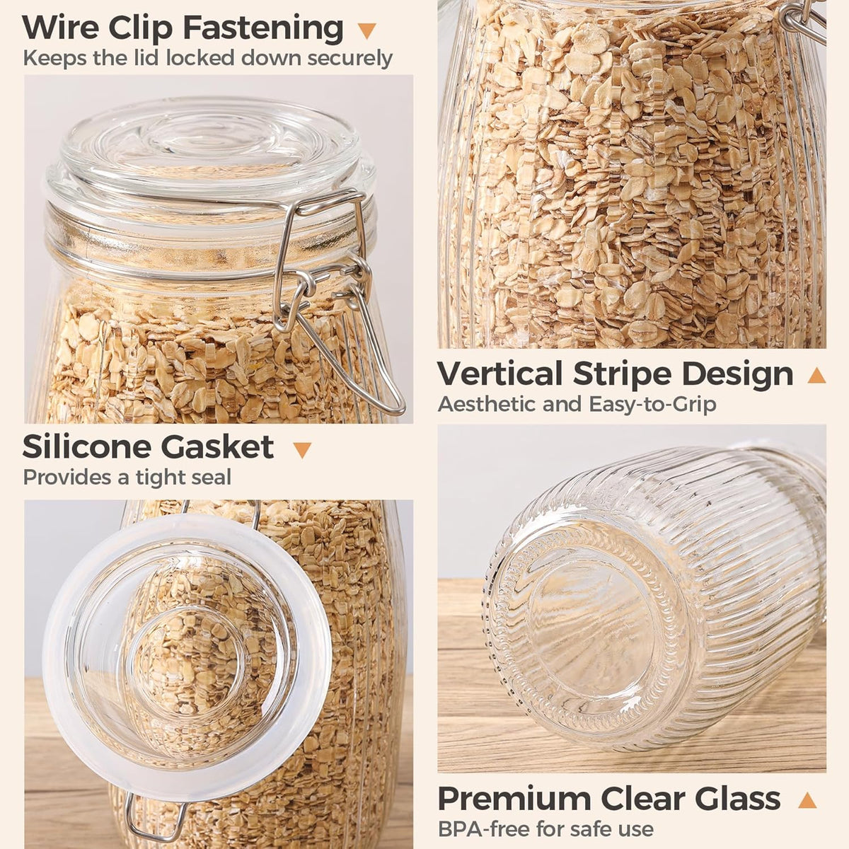 ComSaf Airtight Glass jar with lid 51oz Set of 3, Glass Storage Containers with Lids, Large Glass Canister, Striped Clip Fastening Jar for for Canning, Flour, Pasta,Coffee Beans, Cereal, Rice, Pickle