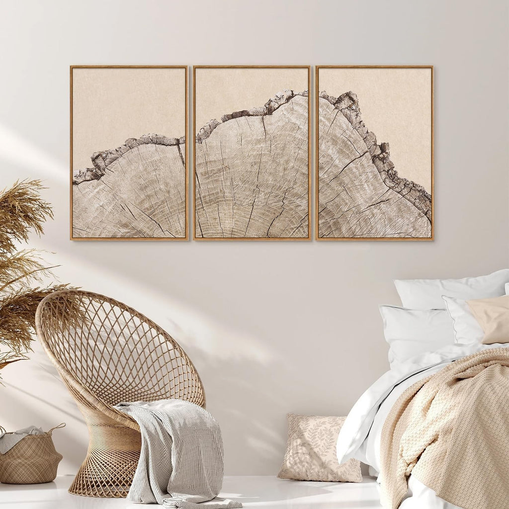 SIGNINART Large Tree Ring Framed Canvas Wall Art Set, Rustic Beige Wooden Wall Decor, Neutral Nature Wood Stump Artwork, Modern Art Prints for Bedroom Living Room Office 24"x36"x3