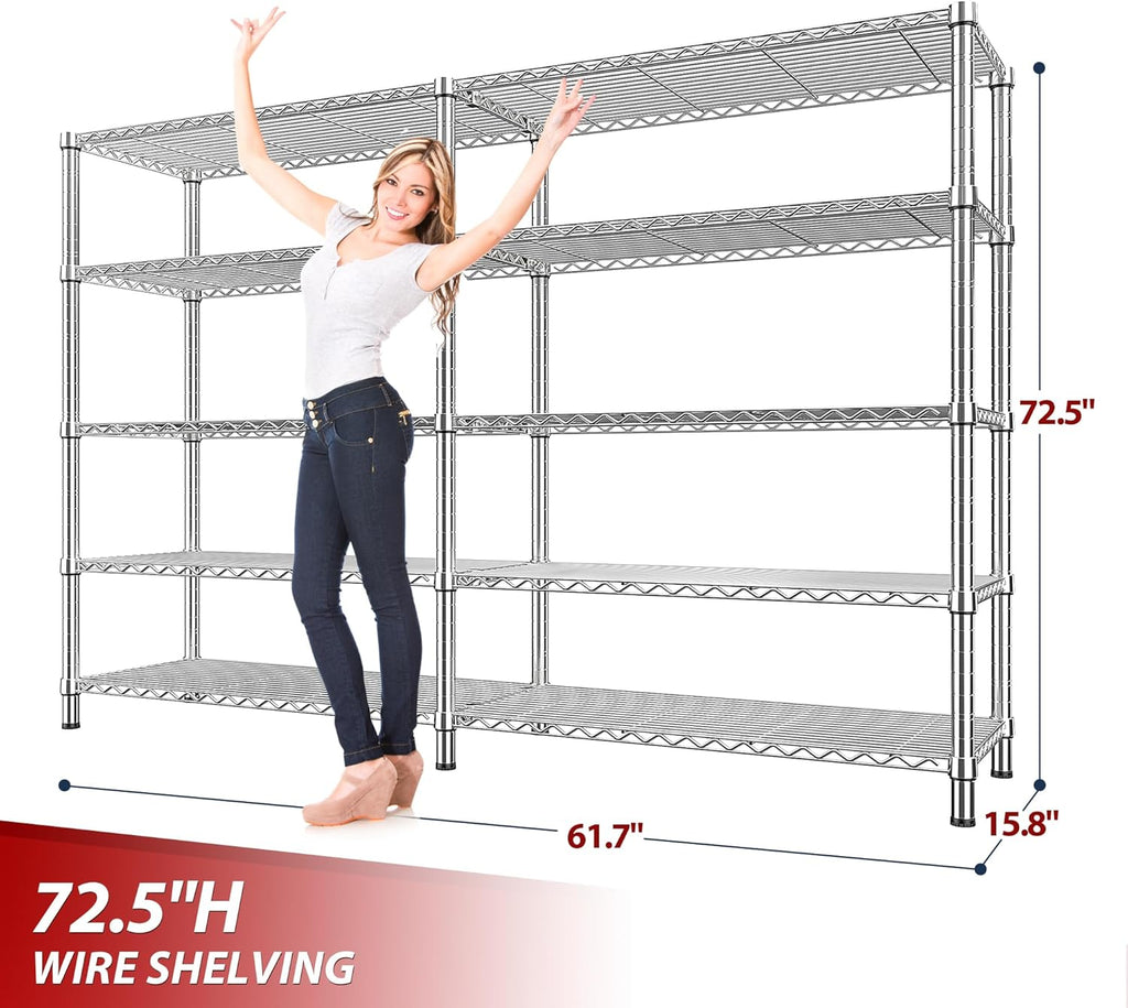REIBII 1500LBS Storage Shelves 61.7''W Wire Shelving Unit 5 Tier Metal Shelving for Storage Rack Shelves Heavy Duty Garage Shelf Pantry Shelves Kitchen Shelving, 61.7" W*72.4" H*15.8" D, Chrome