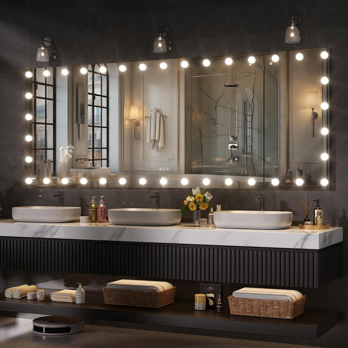 Hasipu LED Bathroom Mirror with Lights, 94" x 36" Hollywood Wall-Mounted Bathroom Mirror with 38 Dimmable Bulbs, 3 Colors Modes, Touch Control, Anti-Fog, Memory Function, Shatter-Proof, ETL Listed