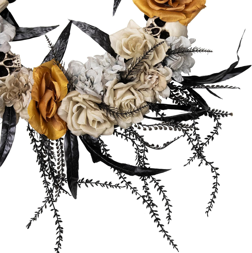 Skulls with Roses Halloween Foliage Wreath - 14" - Unlit