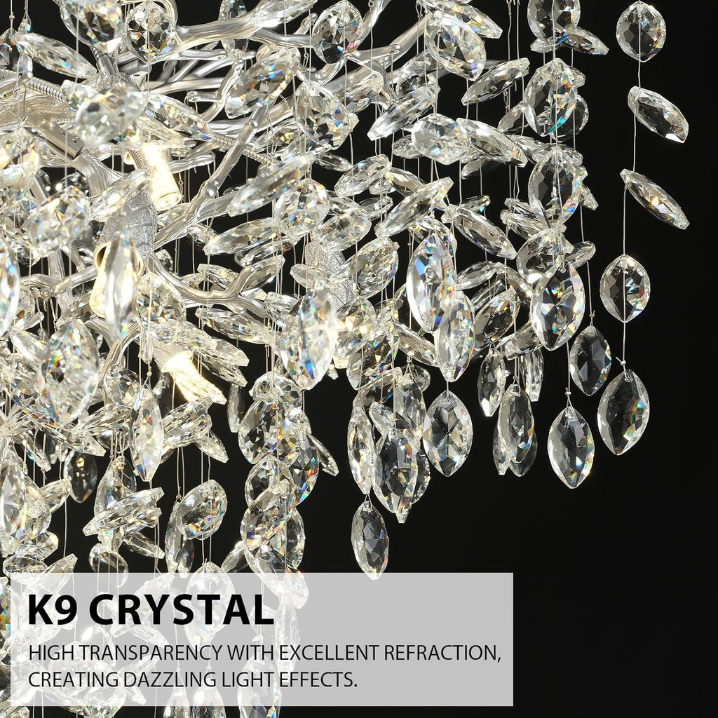 H61'' Modern Silver K9 Crystal High Ceiling Chandeliers, 23-Lights Staircase Chandeliers,Large Crystal Tree Branch Chandelier, D40'' Foyer Chandelier,for Living Room,Entryway
