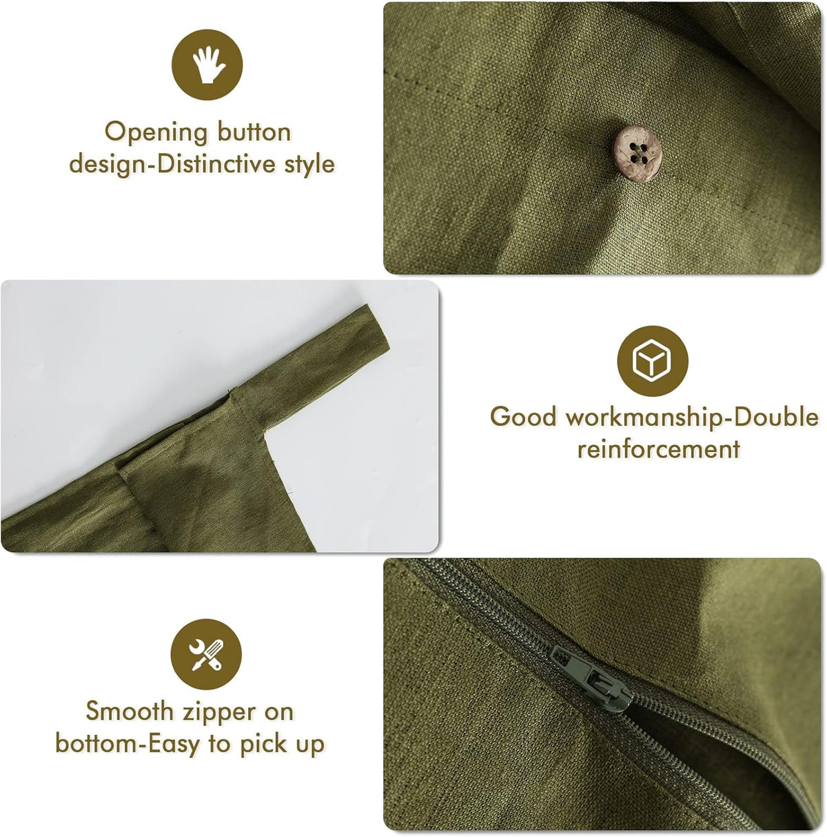 Linen Hanging Laundry Bag, 100% Linen Over The Door Laundry Hamper with Buttons and Zipper, Space Saving Door Hampers for Laundry Dirty Clothes Home Travel, Green