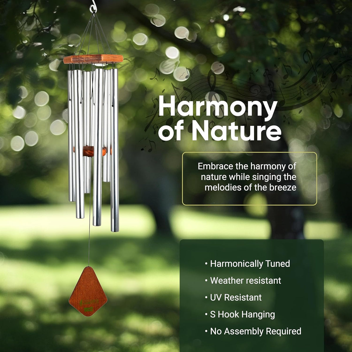 Nature’s Melody Premiere Grande Tunes Wind Chimes – Outdoor Windchime with 6 Tubes Tuned to E Pentatonic Scale, Rustproof Aluminum, Beech Wood & S Hook Hanger for Sympathy, Memorial Gift or Zen Garden