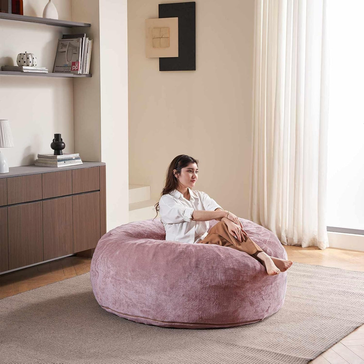 5FT，Big Bean Bag Chairs for Adults，Large beanbag with Filler Included，Memory Foam Material，Easy to Clean and Washable Corduroy Fabric，Suitable for Living Room and Bedroom (Pink, 5 Foot)