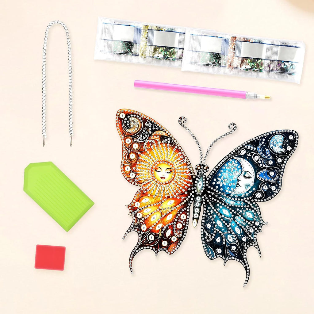 Lxmsja DIY Sun Moon Diamond Painting Hanging Ornament, Double-Sided Acrylic Butterfly Diamond Art Kit, Special Shaped Drill Pendant Window Art Kit, Suncatcher Hanging Craft Decoration 7x8 inch