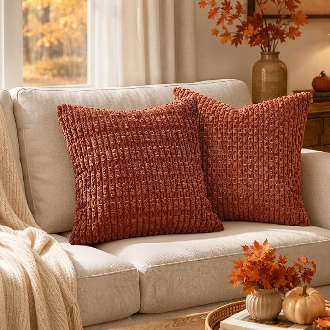 MIULEE Fall Euro Sham Corduroy Decorative Throw Pillow Covers 22x22 Rust | - Image 2