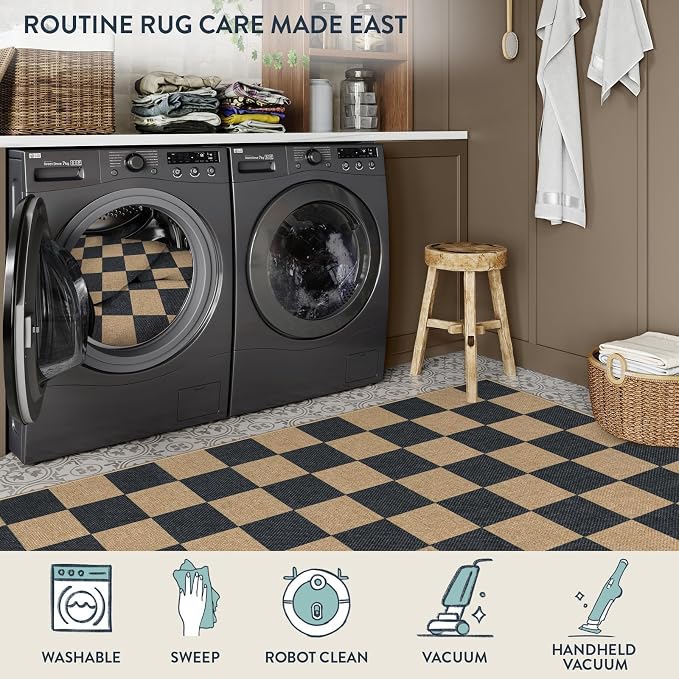 Lahome Checkered Easy Jute Living Room Rug, 9x12 Outdoor Area Rugs Washable | - Image 7