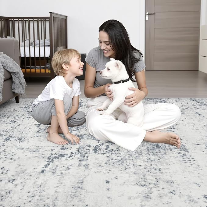 Area Rug Living Room: 5x5 Modern Washable Soft Carpet Blue Grey | - Image 2