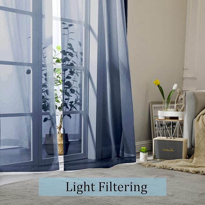 Navy Blue Sheer Curtains 96 Inches Long 2 Panels Set, Elegant Sheer Curtains - Image 3