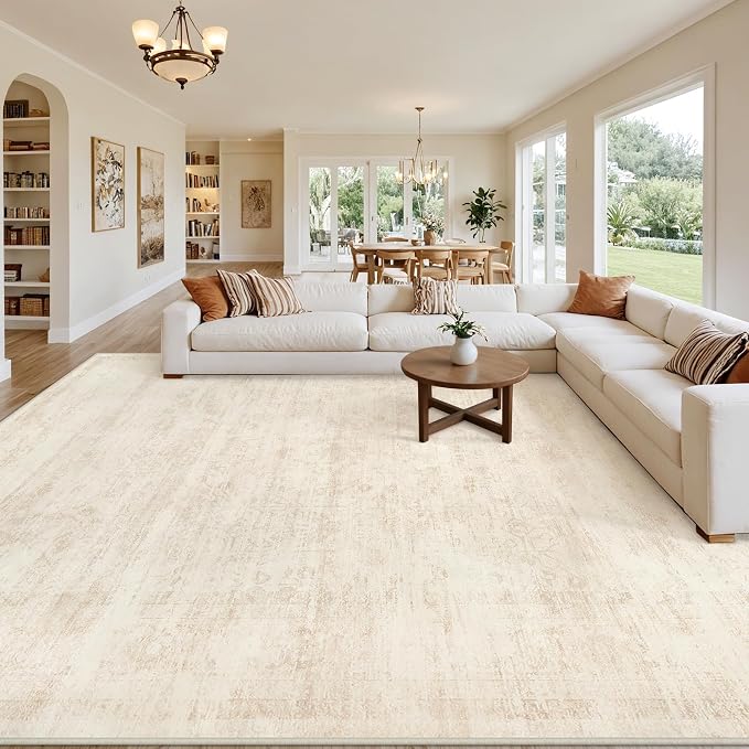10x12 Area Rugs Living Room: Bedroom Washable Carpet Retro Beige | Large by Luxturiy