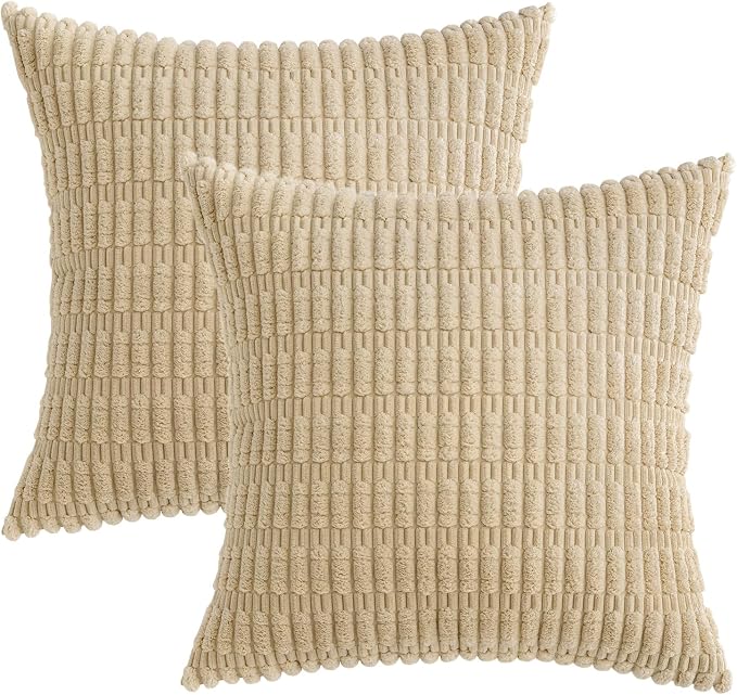 MIULEE Corduroy Decorative Throw Pillow Covers 12x12 Tan Pack of 2 | Soft - Image 6