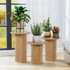Round Nesting Coffee Table Set of 3,Mid Century Modern Fluted Coffee and End Table Set,Small Circle Wooden Side Table Drink Table for Living Room (Natural)