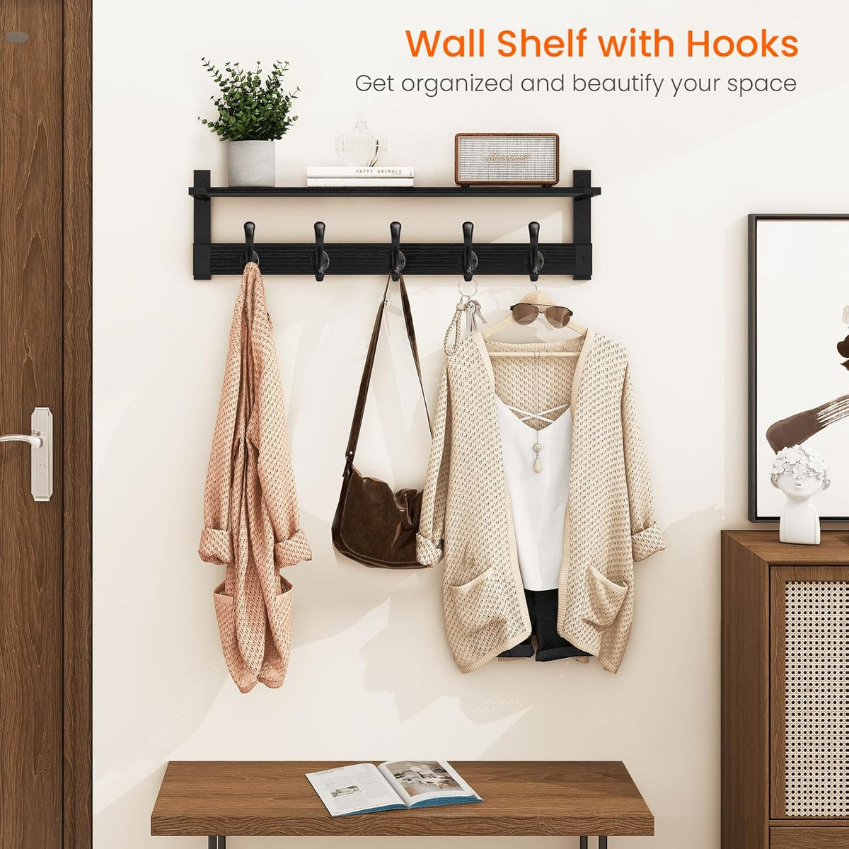 Homode Coat Hanger Wall Mount with Shelf, 29 in Hanging Rack with Storage, Entryway Shelf with Pegs for Hanging Coats, Hats, Towels, Purse, Robes, Black