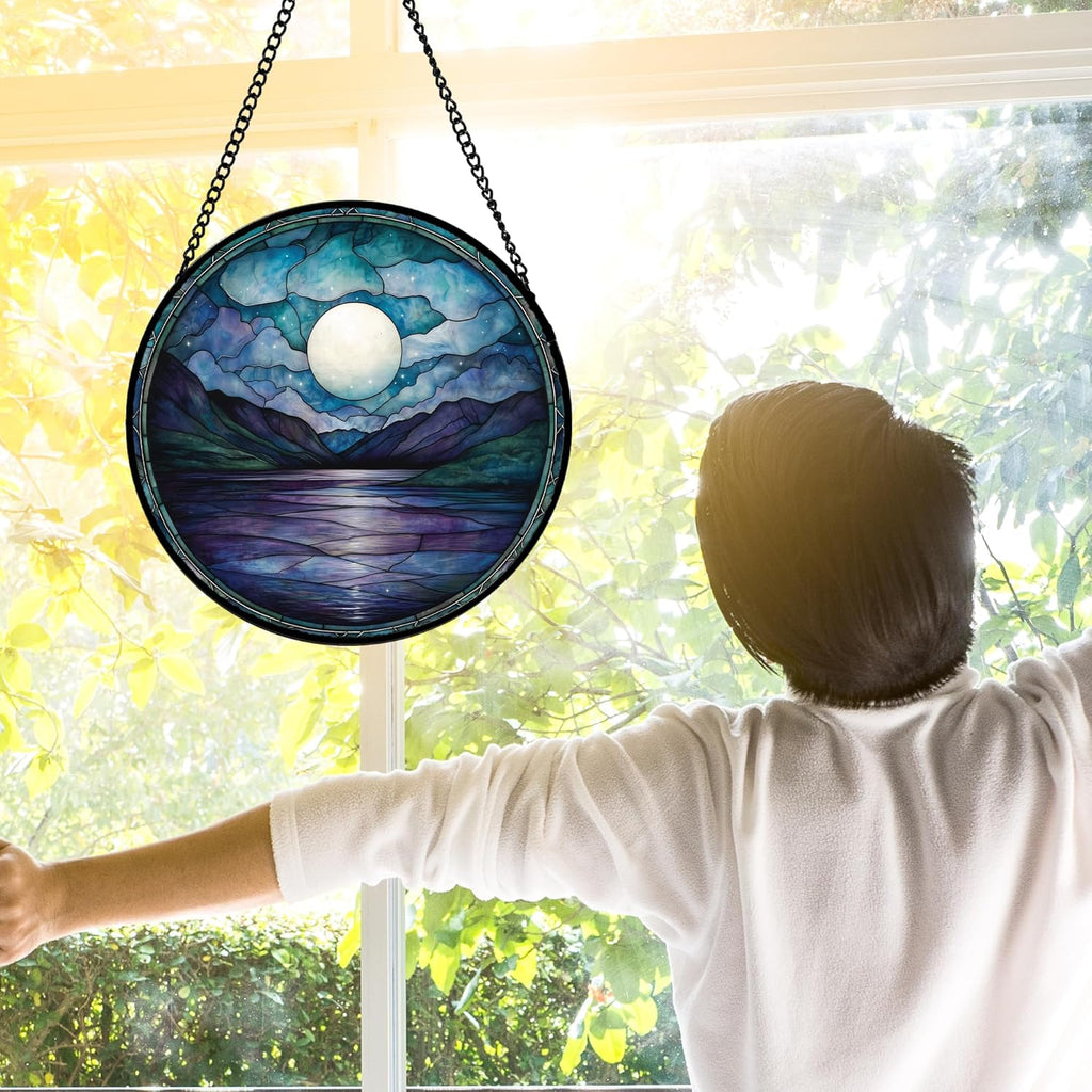 Stained Glass Window Hanging, Blue Night Moon Lake Sun Catchers Colorful Glass Panel Landscape Suncatcher Decor for Birthday for Women, Men, Wife, Aunt, and Mom 11.8x11.8 in