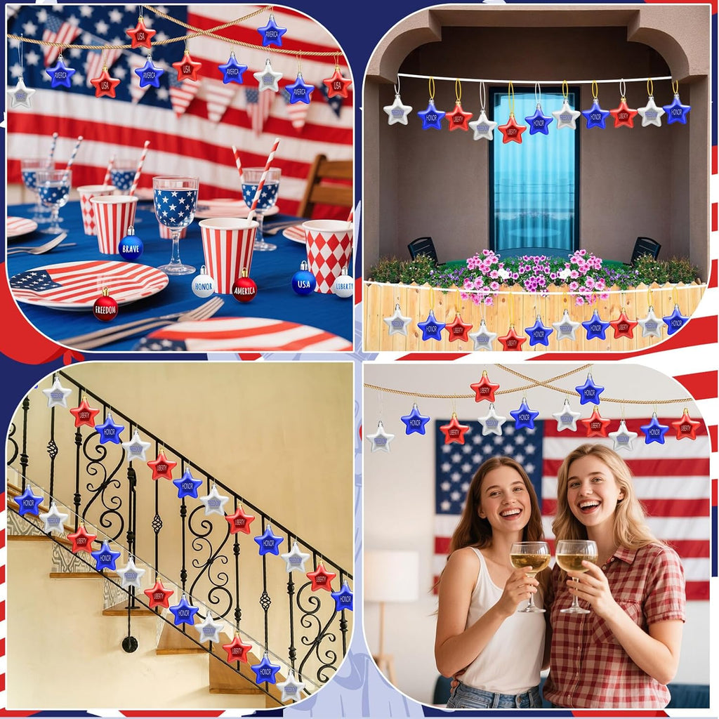 JULMELON 24Pcs 4th of July Patriotic Hanging Star Ornaments for Tree, Independence Day Memorial Day Labor Day Hanging Small Star Decorations for Home Party Christmas Tree Decor, Blue Red and Silver