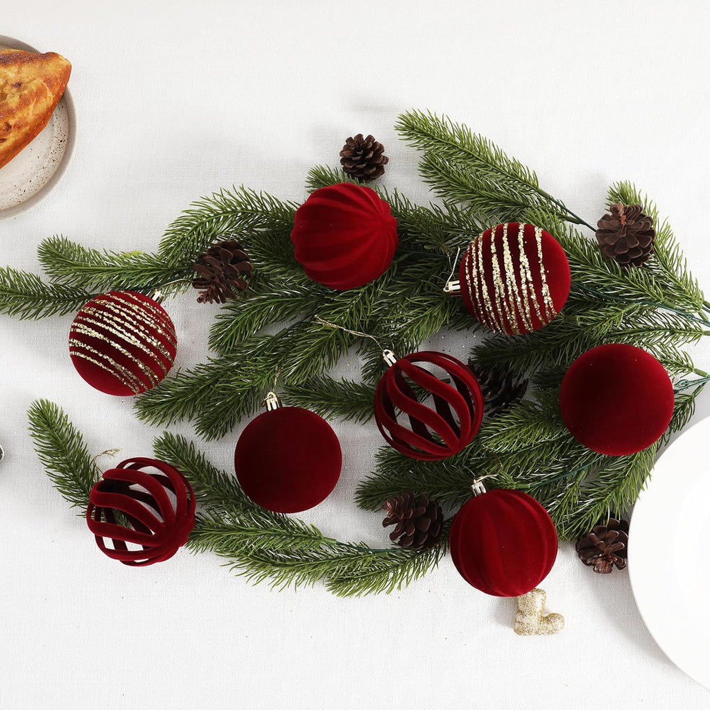 Christmas Ornaments Set of 12, 3.15" Flocked Velvet Balls with Hand Painted Designs, Burgundy Elegant Christmas Tree Decorations in Gift Box