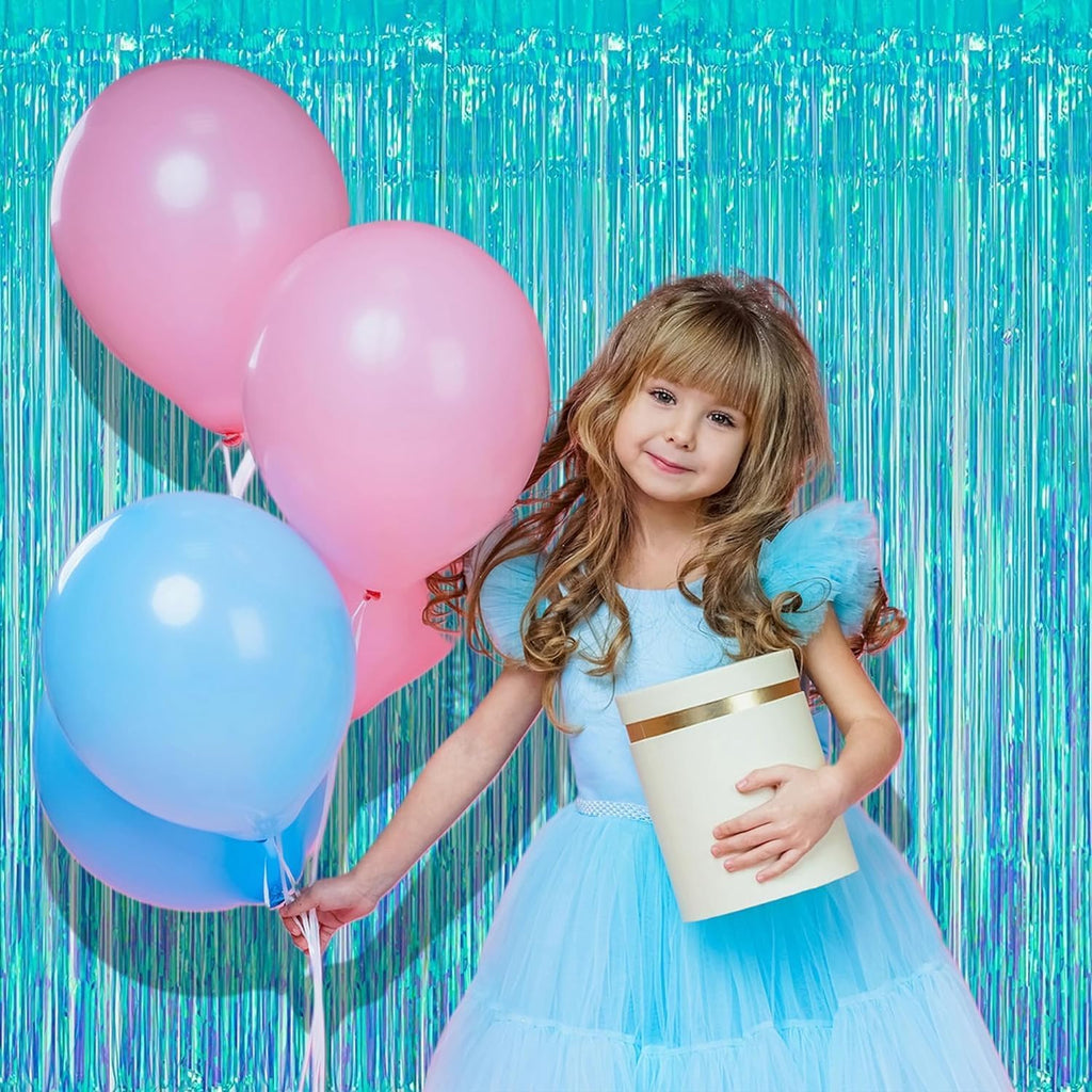 BRAVESHINE Party Decorations Iridescent Foil Fringe Backdrop - 2 Packs 3.2 x 6.5 ft Holographic Tinsel Backdrop Party Streamers Curtain for Birthdays Mermaid Sea Frozen Christmas Parties - Clear Blue
