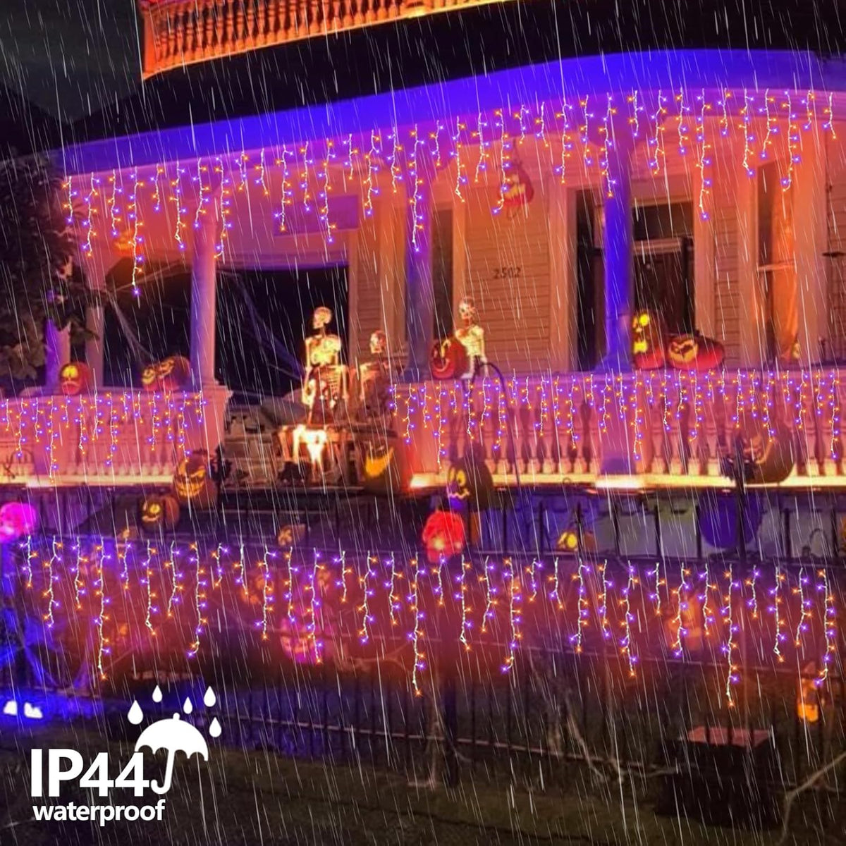 QITONG Orange and Purple Halloween Lights Outdoor, 66ft 800 LED Icicle Light Indoor Plug in, 8 Modes Connectable String Lights with 160 Drops