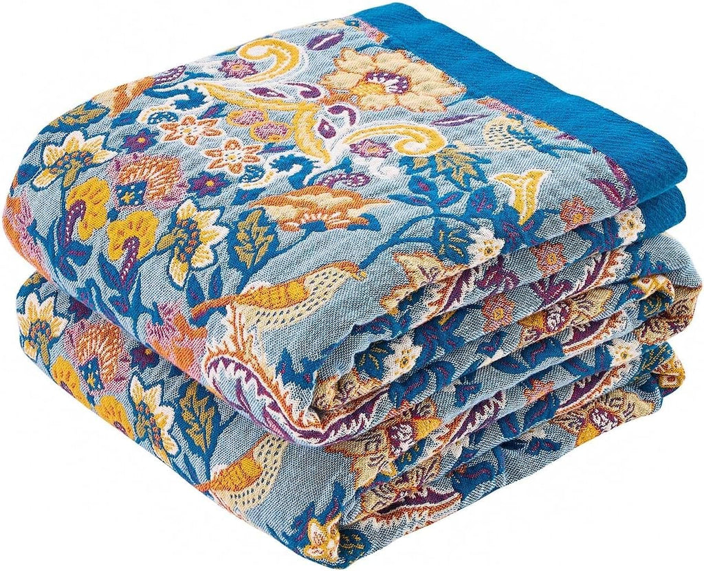 Boho Throw Blanket for Bed, 100% Cotton Soft Rustic Quilt Fall Blanket, 80"x90" Floral Printed Farmhouse Decor Bed Blankets, All Season Rustic Reversible Bohemian Throw Quilt
