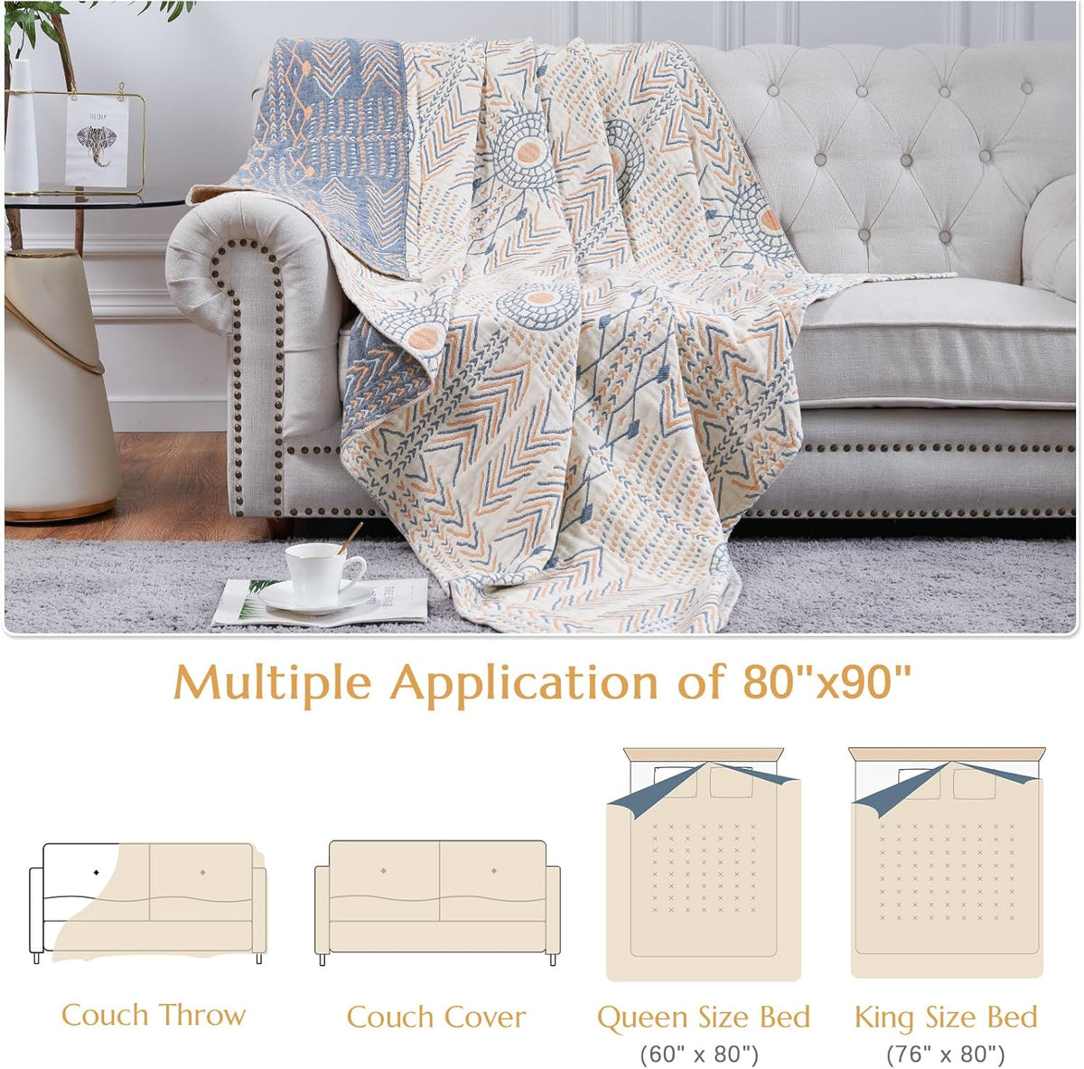 jinchan Boho 100% Cotton Muslin Queen Size 80x90 Throw Blanket Lightweight 4-Layer Orange Reversible Blanket Washable Breathable Geometric Striped Pattern Soft Comfy for Couch Bed Decor All Seasons