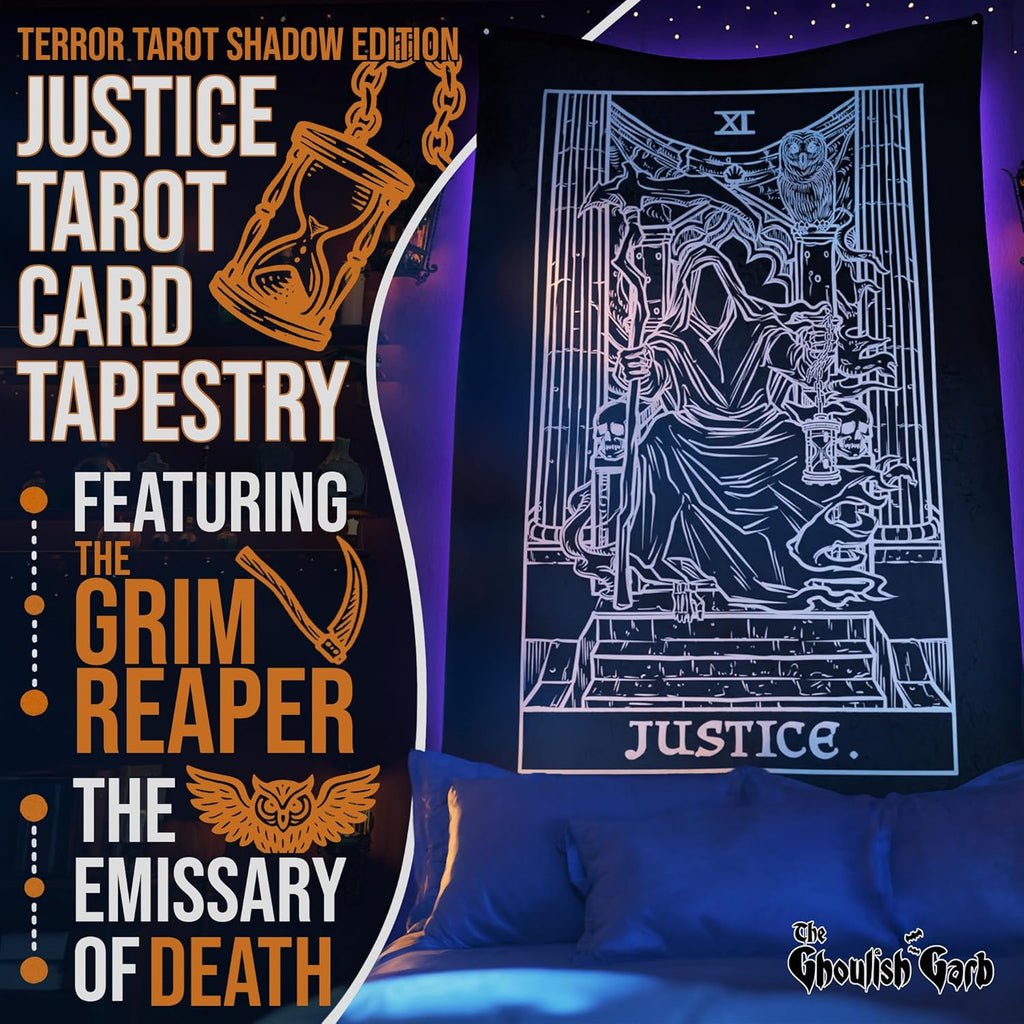 The Ghoulish Garb Justice Tarot Card Tapestry (Black & White) - Grim Reaper - Gothic Halloween Home Decor Wall Hanging (80" x 68")