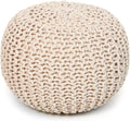 REDEARTH Round Pouf Ottoman –18"x18"x14" Hand-Knitted Cotton Pouffe –Cable Footstool –Boho Dori Hassock –Pre-Stuffed Poof – Extra Seat -Poofy Footrest for Living Room, Bedroom, Nursery, Nook –Ivory
