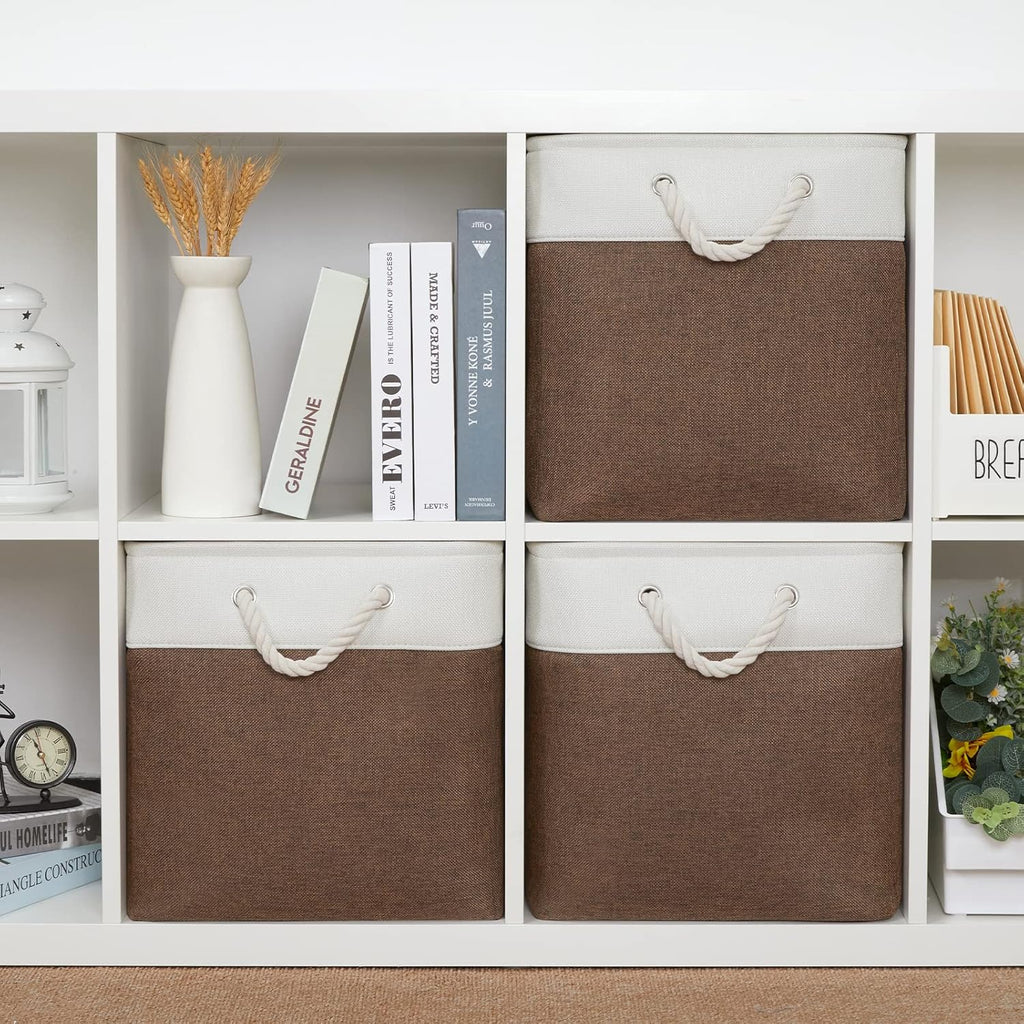Bidtakay Collapsible Rustic Cube Storage - Brown Cloth Baskets with Handles, 13x13x13 Inch, Set of 3 Fabric Storage Bins