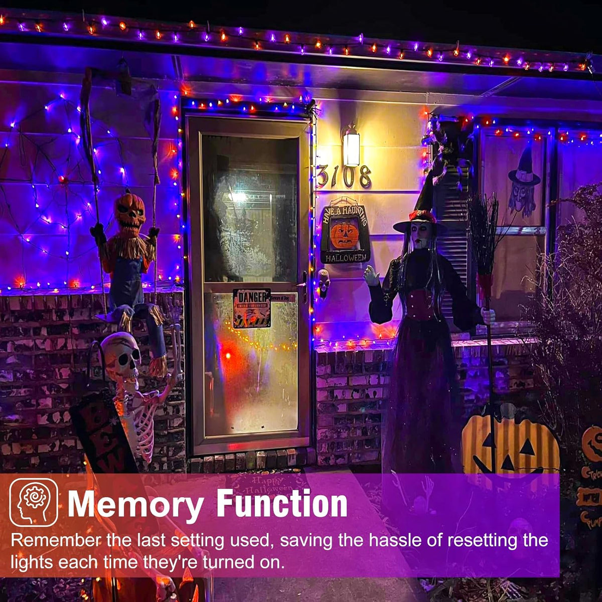 Purple Orange Halloween Lights Outdoor, 66FT 200 LED String Lights for Outside with 8 Modes Waterproof, Plug in Twinkle Tree Light Green Wire for Indoor Bedroom Garden Patio Party Decorations