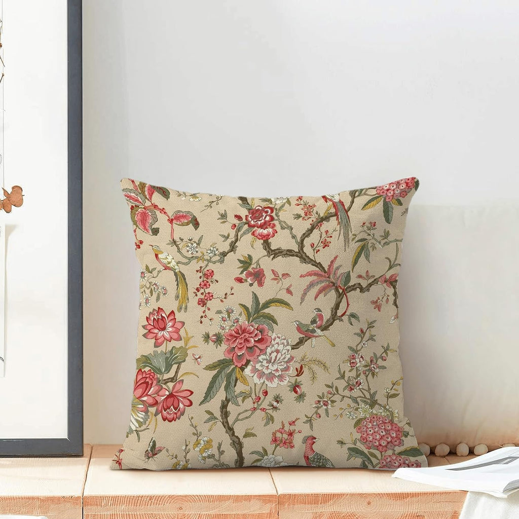 CXMEIFLY Spring Floral Birds Pillow Covers 18 x 18 Inch Set of 2 for Chinoiserie Flowers Decor Throw Pillows Pink Red Plant Outdoor Decorative Cushion Cases for Couch Bed Decorations