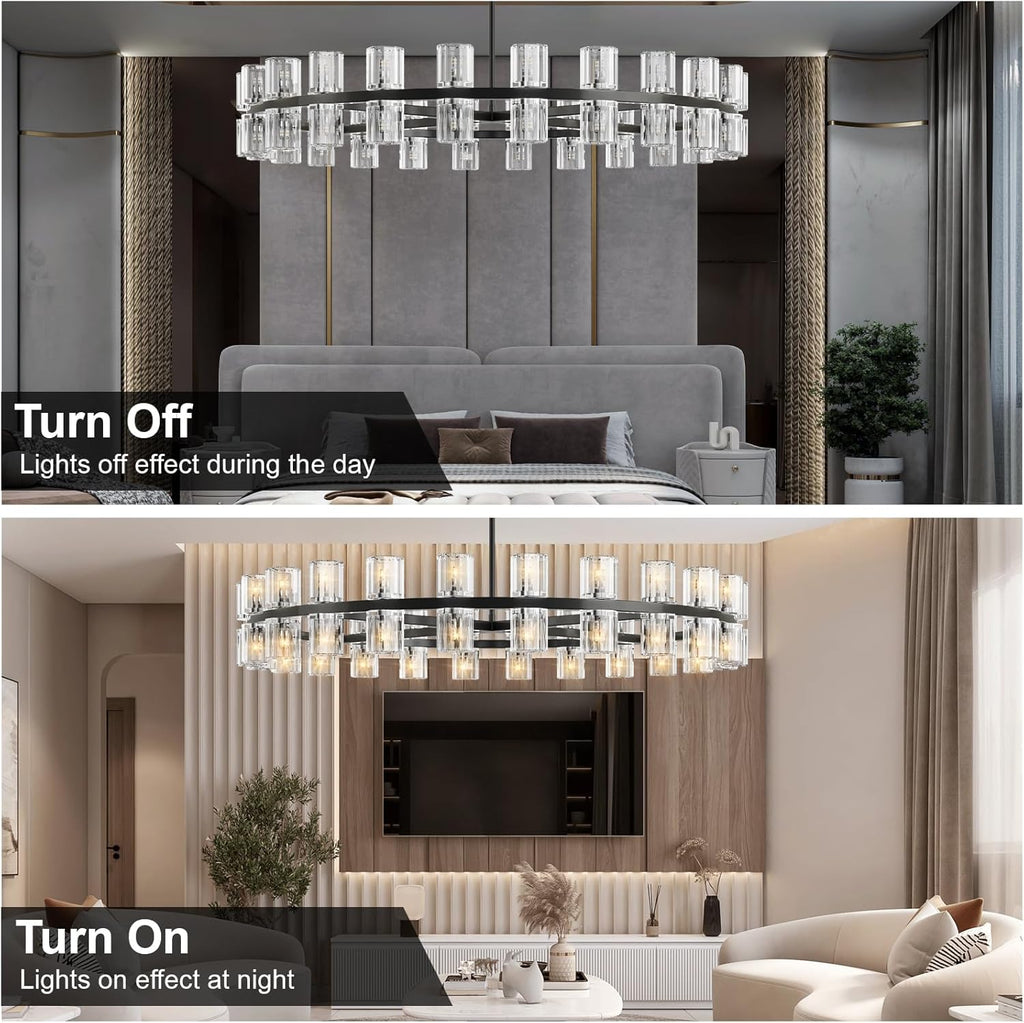 Modern 48 in Black Round Chandelier Light Fixture, Crystal Chandeliers for Dining Room, Living Room, Wagon Wheel Chandelier Over Table Chandeliers for Bedroom,Foyer,Includes 48xG4 Bulbs