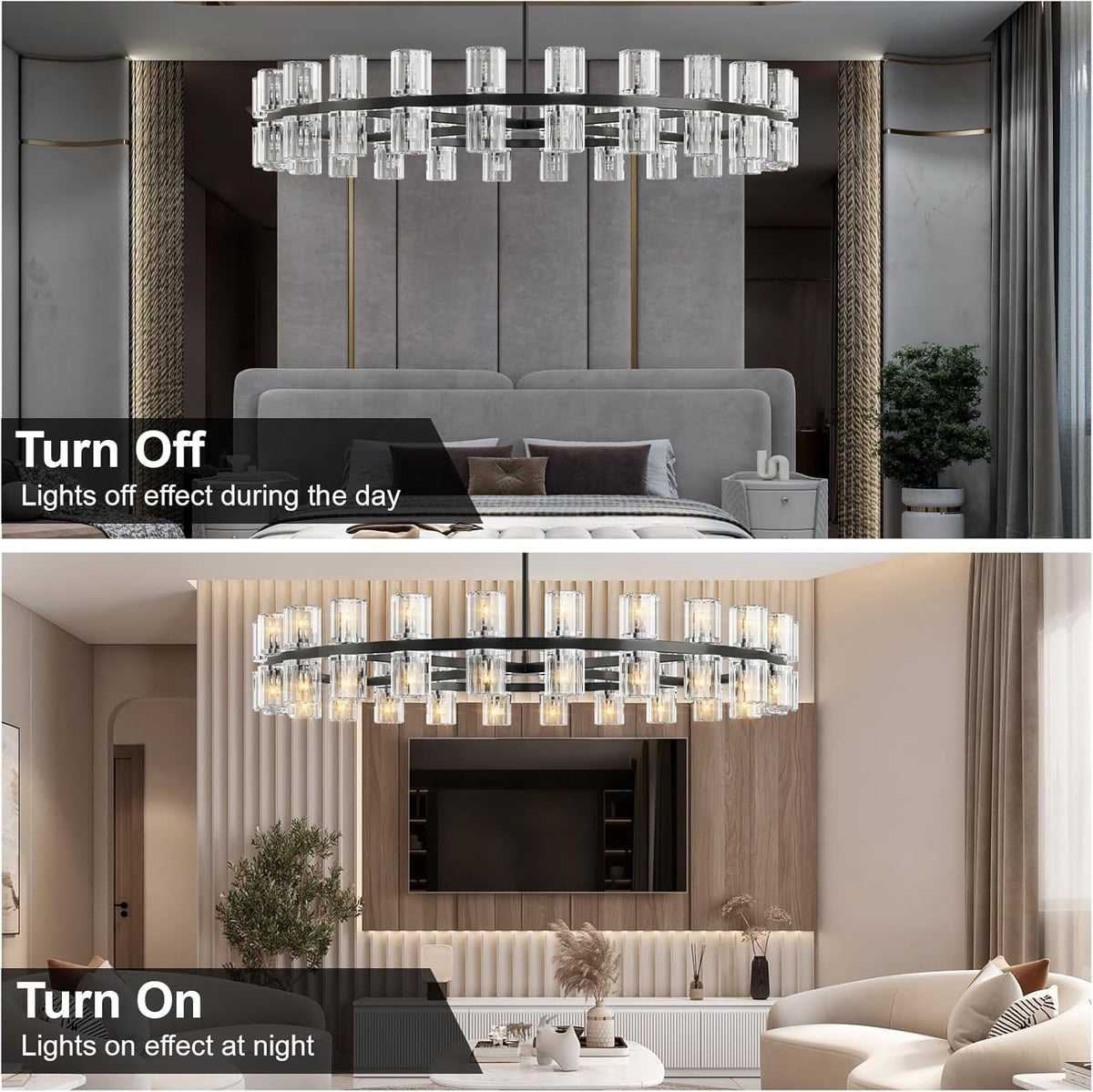 Modern 48 in Black Round Chandelier Light Fixture, Crystal Chandeliers for Dining Room, Living Room, Wagon Wheel Chandelier Over Table Chandeliers for Bedroom,Foyer,Includes 48xG4 Bulbs