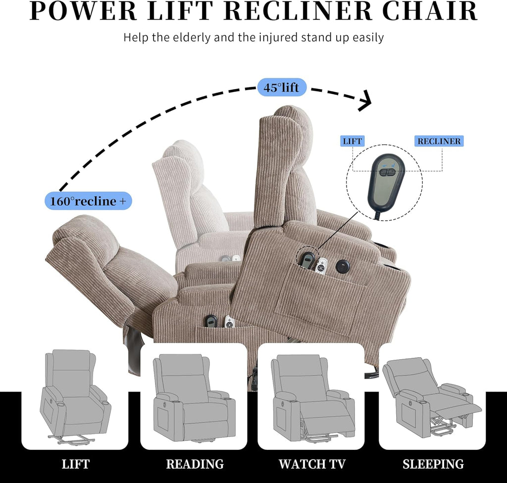 Lift Recliner Chair for Adults with Massage and Heating, Power Lift Recliner Chairs for Elderly, Corduroy Fabric Reclining Chair with USB &Type-C Port, Cup Holders, L6111 (Khaki)