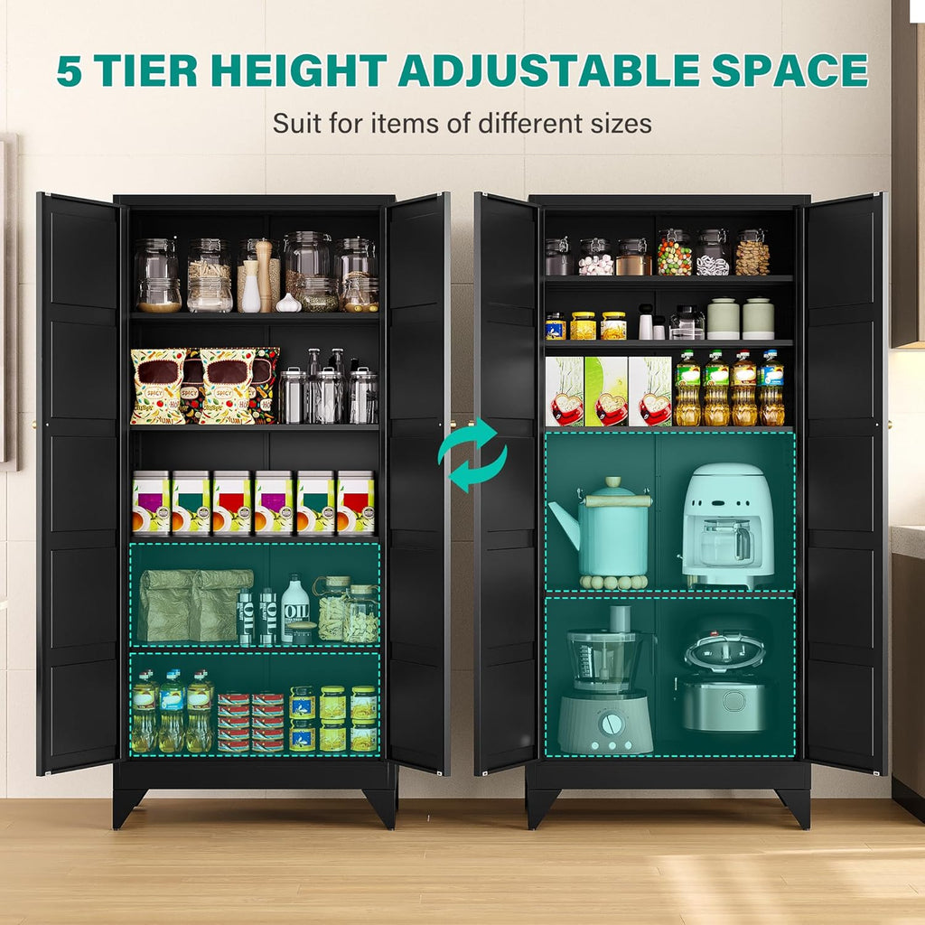 Metal Storages Cabinet with 2 Doors and 5 Shelves,Tall Storage Cabinet,Large Cupboard Closet,Pantry Storage Cabinet for Home,Office,Bathroom,Dining/Living Room (Black, 71" H)