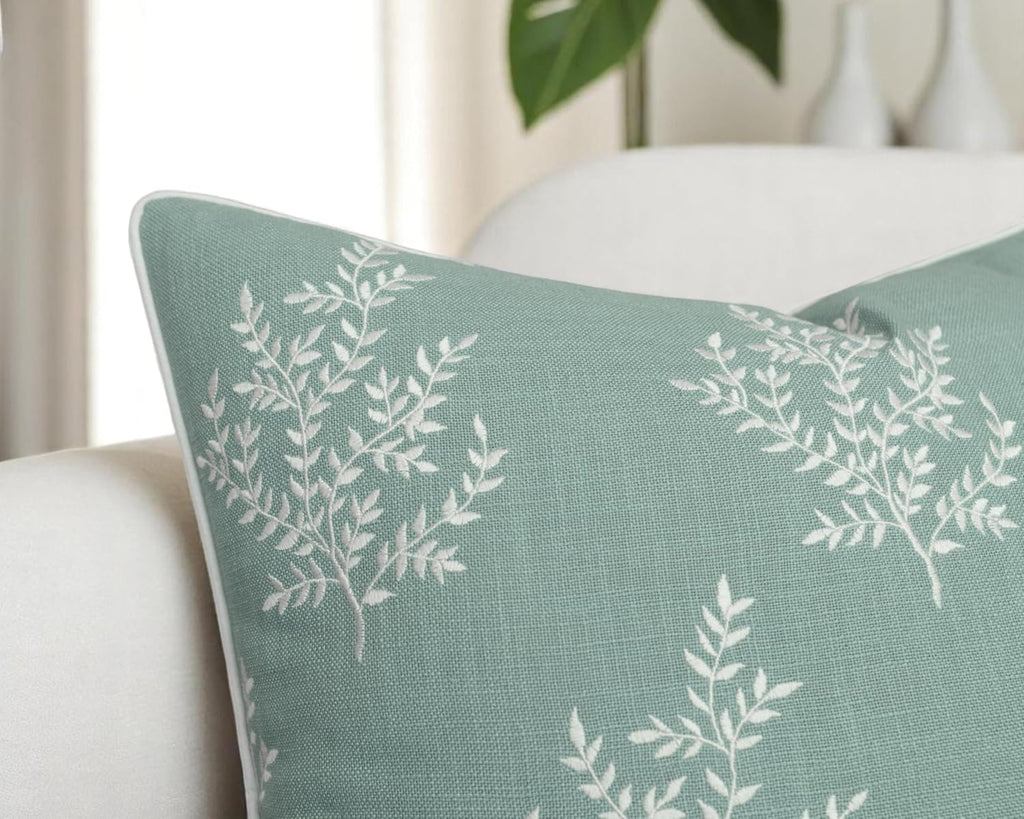 VAGMINE Embroidered Leaves Throw Pillow Cover - 20x20 Inches Square - 100% Cotton Light Teal Cushion Cover - Elegant Leaf Embroidery - Soft Boho Accent for Sofa, Lounge, Contemporary Décor