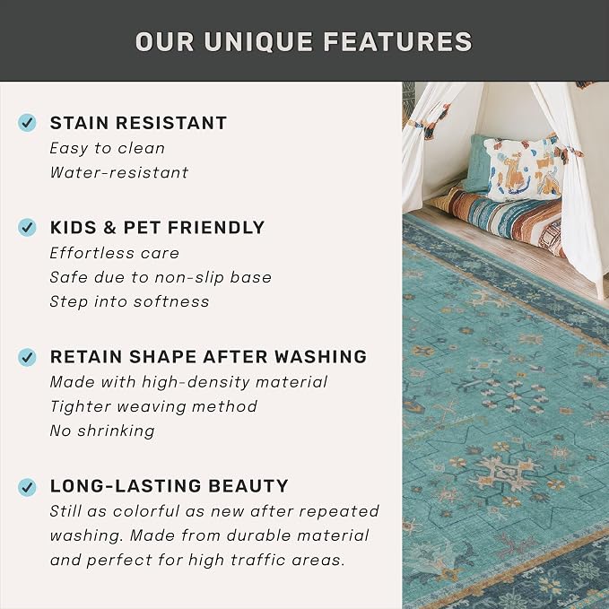Washable 5x8 Teal Rug for Living Room, Boho Area Rugs for Bedroom Under Bed - Image 7