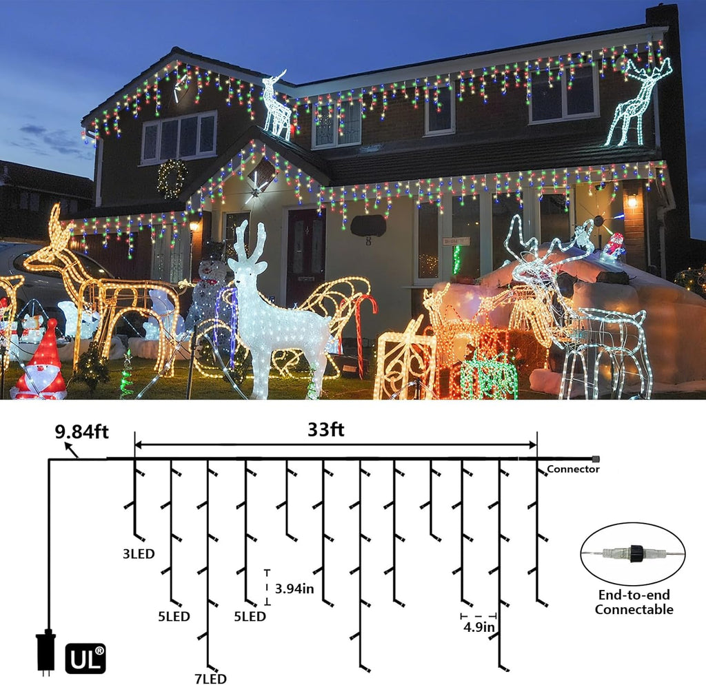 QITONG Multicolor Icicle Christmas Lights Outdoor, 33ft 400 LED Icicle Lights Indoor, Clear Wire Connectable String Lights Plug in with 8 Modes