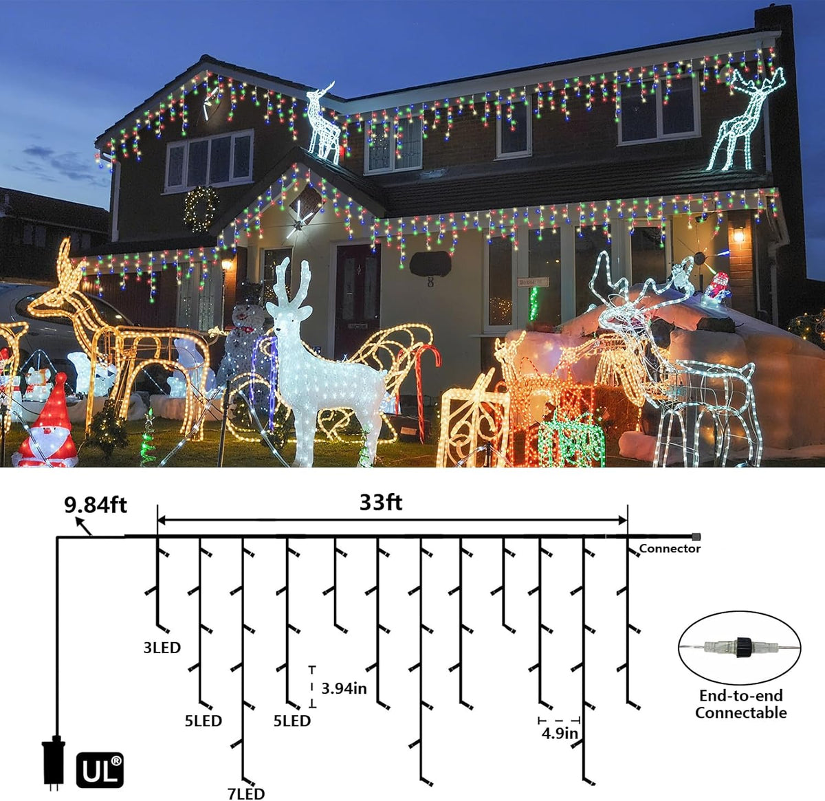 QITONG Multicolor Icicle Christmas Lights Outdoor, 33ft 400 LED Icicle Lights Indoor, Clear Wire Connectable String Lights Plug in with 8 Modes