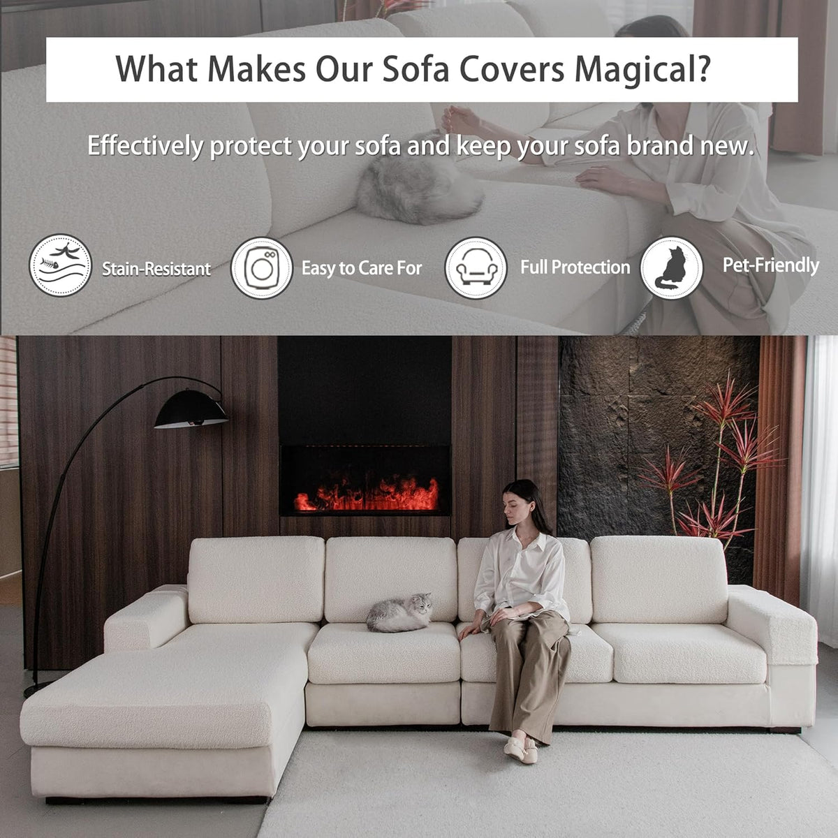 Couch Cushion Covers for Sectional Sofa, Stretch Soft Sofa Slipcovers Washable Wear-Resistant Universal Furniture Protector for Living Room(2 Seaters Covers+1 Chaise Cover, Ivory)