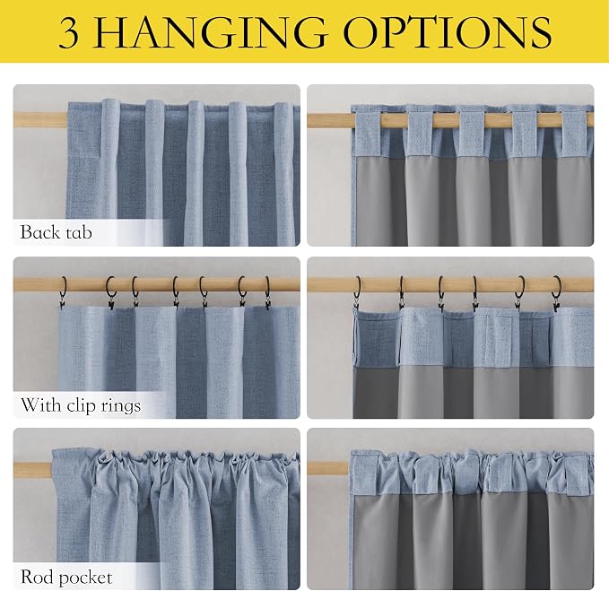 NICETOWN 100% Blackout Stone Blue Linen Curtains 90 inches Length - Image 3