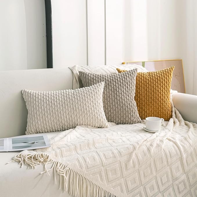 Set of 4 Grey White Taupe Decorative Throw Pillow Covers 18x18 Inch Corduroy - Image 6