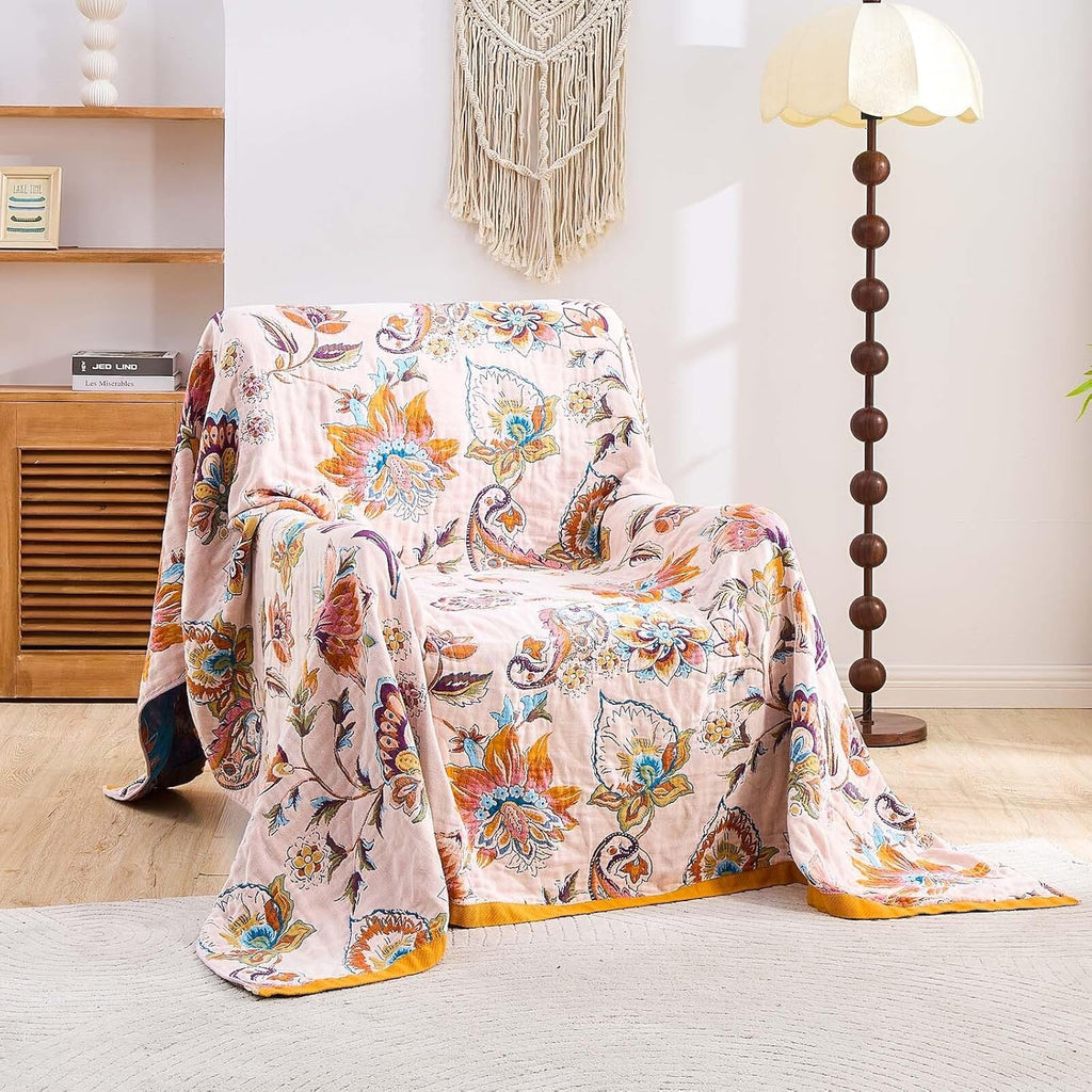Boho Throw Blanket for Bed, 100% Cotton Soft Rustic Quilt Fall Blanket, 60"x80" Floral Printed Farmhouse Decor Bed Blankets, All Season Rustic Reversible Bohemian Throw Quilt